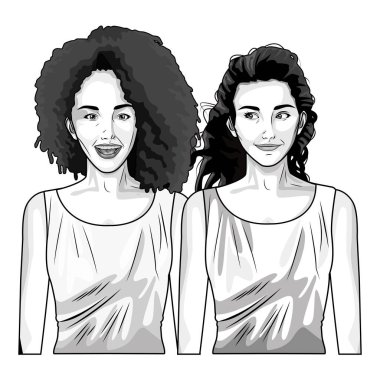 Pop art güzel kadın siyah beyaz karikatür gülümseyen