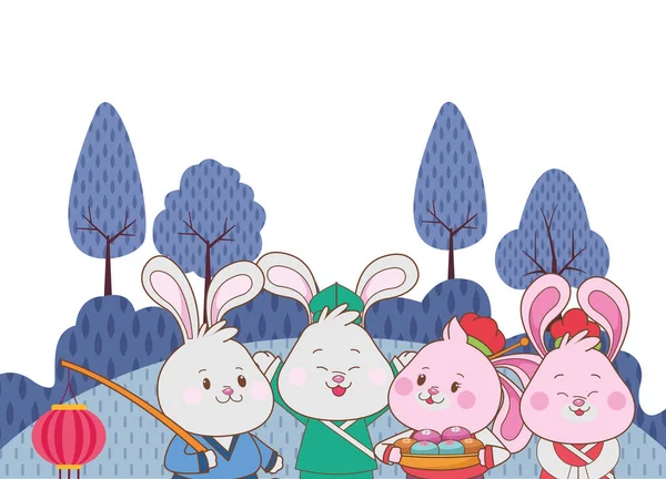 Conejos celebrando dibujos animados del festival de mediados de otoño — Vector de stock