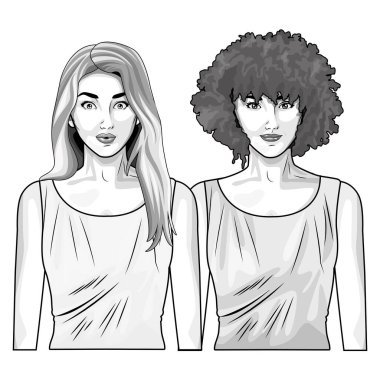 Pop art güzel kadın siyah beyaz karikatür gülümseyen