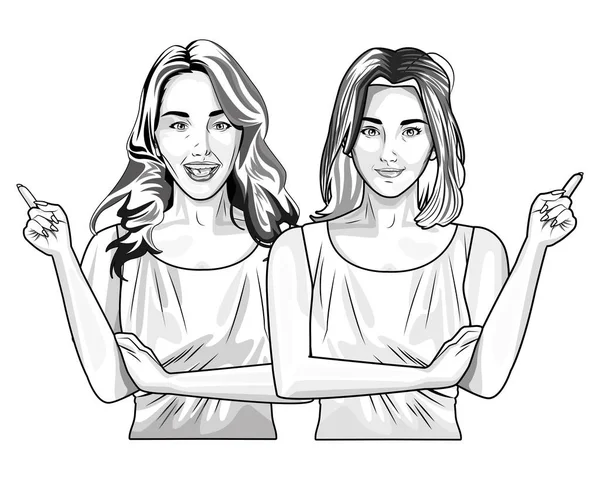 Arte pop hermosas mujeres sonriendo dibujos animados en blanco y negro — Vector de stock