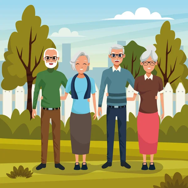 Grand-parents couple souriant dans la nature dessin animé — Image vectorielle