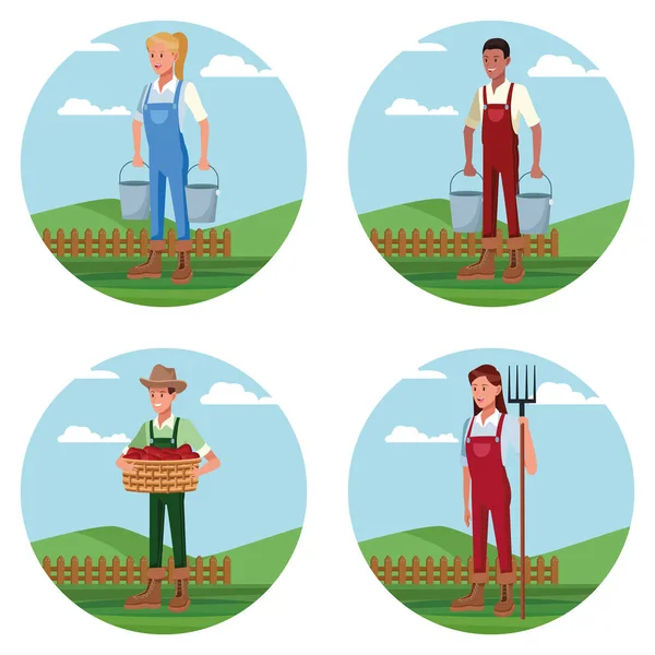 Uppsättning jordbrukare som arbetar i jordbruks tecknade serier — Stock vektor