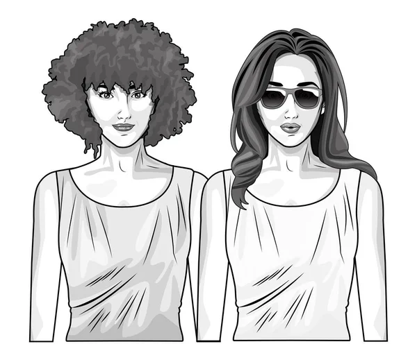 Arte pop hermosas mujeres sonriendo dibujos animados en blanco y negro — Vector de stock