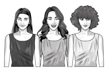 Pop art güzel kadın siyah beyaz karikatür gülümseyen