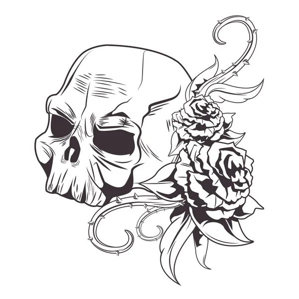 Totenkopf mit Rosen gezeichnetem Tätowiersymbol — Stockvektor