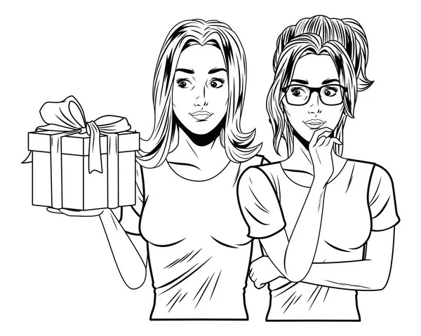 Fiatal nők egy ajándék doboz fekete-fehér pop art — Stock Vector