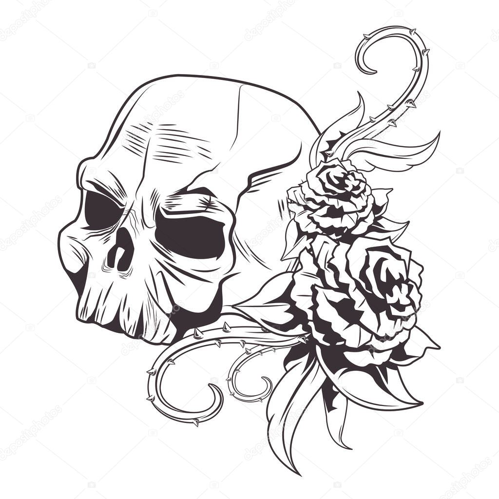 skull with roses drawn tattoo icon