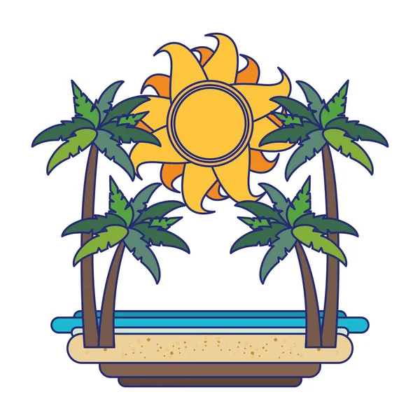 Playa en verano con palmeras y dibujos animados de mar aislados — Vector de stock