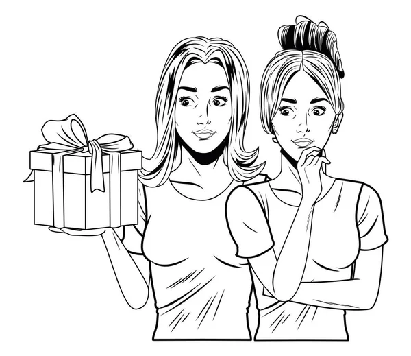 Молоді жінки з подарунковою коробкою в чорно-білому — стоковий вектор