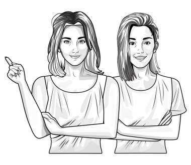 Pop art güzel kadın siyah beyaz karikatür gülümseyen