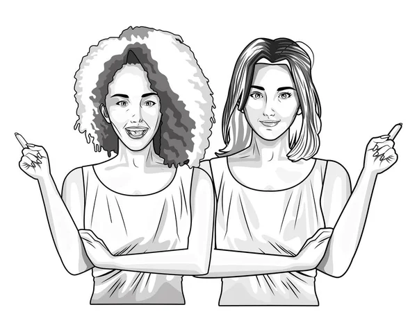 Arte pop hermosas mujeres sonriendo dibujos animados en blanco y negro — Vector de stock