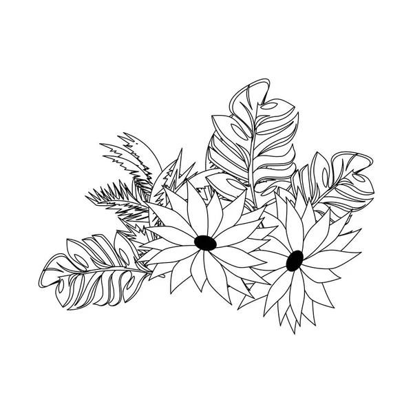 黒と白の熱帯の花の植物環境漫画 — ストックベクタ