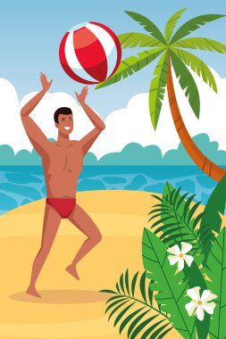 Plaj karikatürlerindeki genç adam.