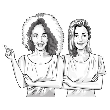 Pop art güzel kadın siyah beyaz karikatür gülümseyen