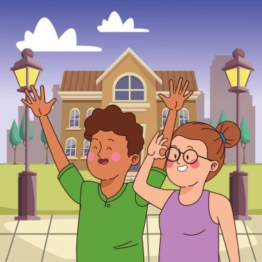 Gençler arkadaşlar gülümseyerek ve tebrik