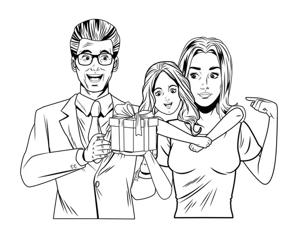 Сімейний аватар з подарунковою коробкою в чорно-білому — стоковий вектор