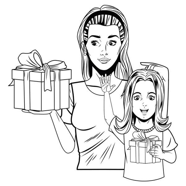 Kadınlar ve kızlar hediye kutusuyla siyah beyaz — Stok Vektör