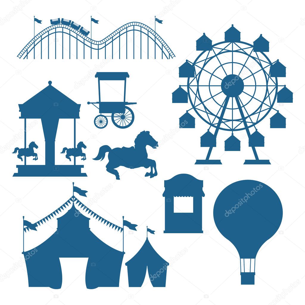 Circus and festival set of blue silhouettes cartoons