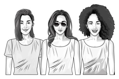 Pop art güzel kadın siyah beyaz karikatür gülümseyen