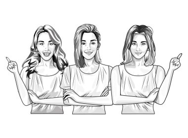 Pop art güzel kadın siyah beyaz karikatür gülümseyen