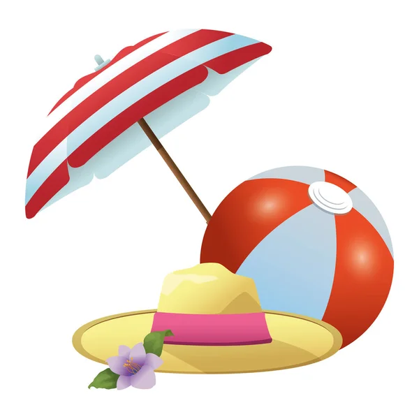 Καλοκαίρι καπέλο και μπάλα παραλία κάτω από ομπρέλα — Διανυσματικό Αρχείο