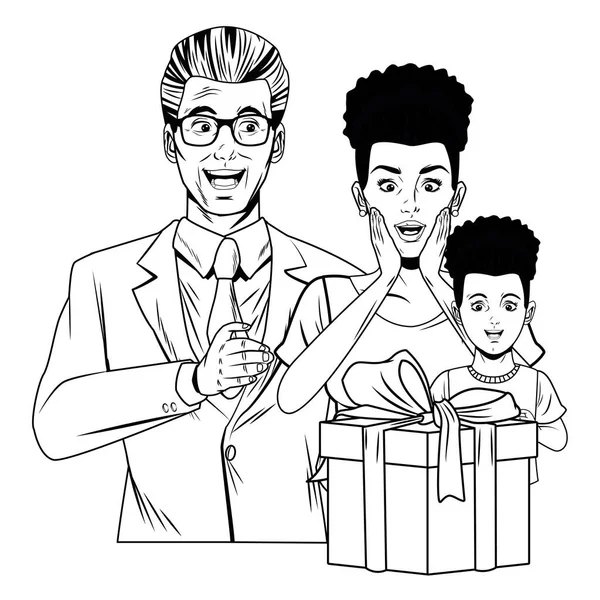 Avatar família com caixa de presente em preto e branco — Vetor de Stock