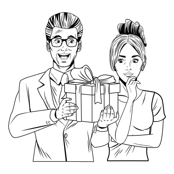Avatar couple avec coffret cadeau en noir et blanc — Image vectorielle