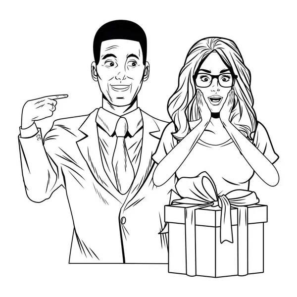 Avatar couple avec coffret cadeau en noir et blanc — Image vectorielle