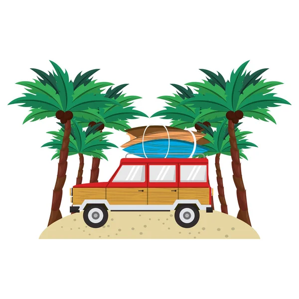 Verão vitnage van com mesas de surf no desenho animado da praia — Vetor de Stock
