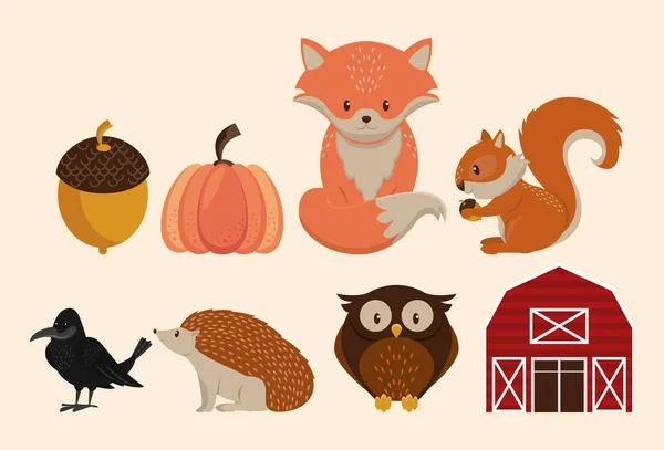 Granero granja y animales lindos dibujos animados — Vector de stock