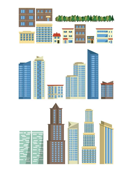 Edifici urbani e skyscapers set di icone — Vettoriale Stock