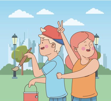 Gençler arkadaşlar gülümseyen ve eğlenceli karikatür sahip