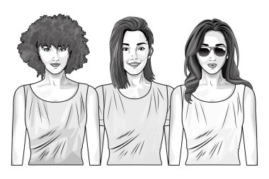 Pop art güzel kadın siyah beyaz karikatür gülümseyen