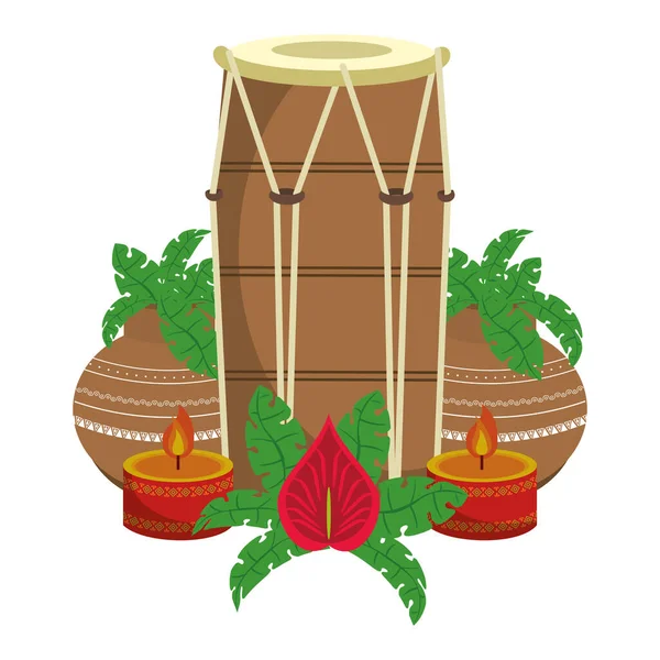 Tambor de tabla indiano e vasos de plantas com velas — Vetor de Stock