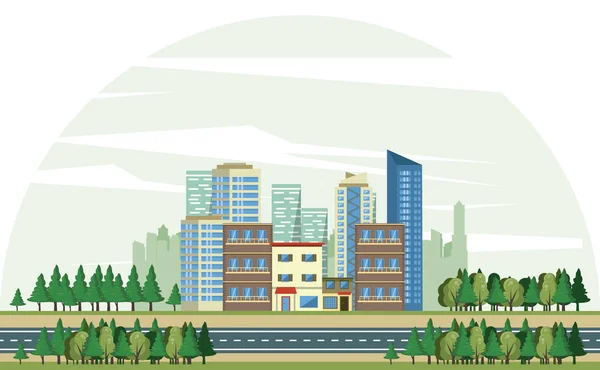 Edificios urbanos con pancarta de paisaje urbano — Vector de stock