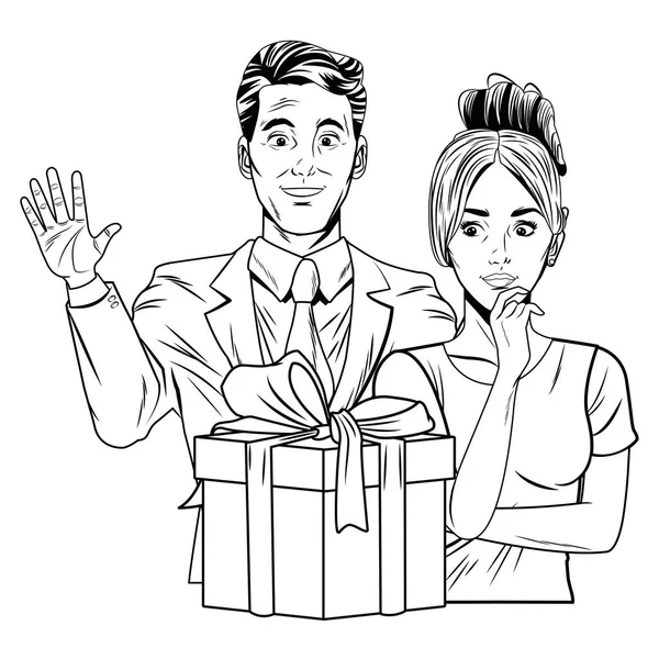 Avatar pareja con caja de regalo en blanco y negro — Archivo Imágenes Vectoriales