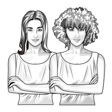 Pop art güzel kadın siyah beyaz karikatür gülümseyen