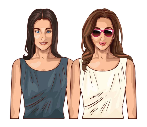 Pop arte hermosas mujeres sonriendo dibujos animados — Vector de stock