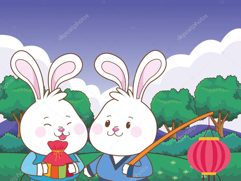 Rabbits In Mid Autumn Festival With Lantern And Gift Bag Cartoons In The Forest Landscape Background Vector Illustration Graphic Design Premium Vector In Adobe Illustrator Ai Ai Format Encapsulated