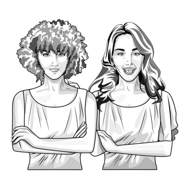 Pop art güzel kadın siyah beyaz karikatür gülümseyen