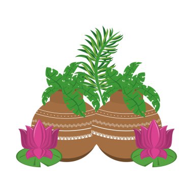 Nilüfer çiçekleri ve yapraklı saksılar.