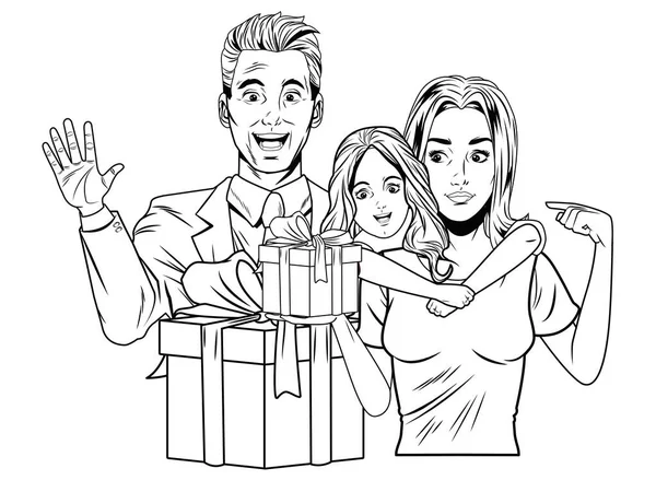 Familienavatar mit Geschenkbox in schwarz und weiß — Stockvektor