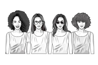 Pop art güzel kadın siyah beyaz karikatür gülümseyen