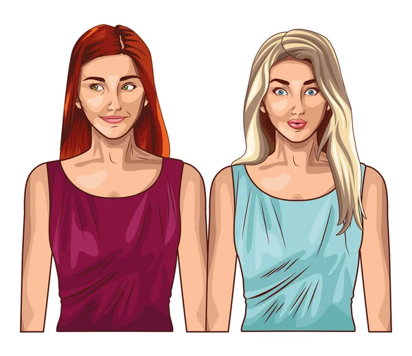 Pop arte mulheres modelos sorrindo desenhos animados —  Vetores de Stock