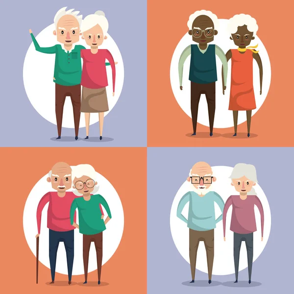 Lindos abuelos parejas sonriendo dibujos animados — Vector de stock