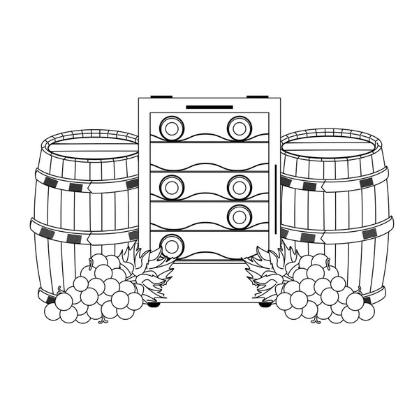 Barril de madeira de vinho e um monte de design de uvas — Vetor de Stock