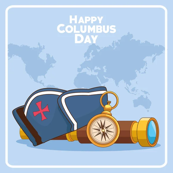 Kompass och Happy Columbus dag relaterade ikoner — Stock vektor