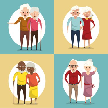 Sevimli büyükanne ve büyükbaba çiftler gülümseyen çizgi filmler