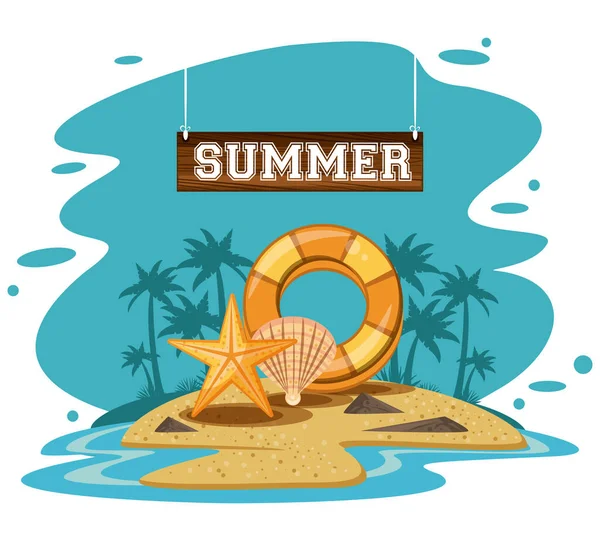Playa de verano y tarjeta de vacaciones — Vector de stock