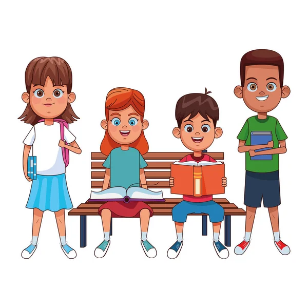 Jeunes enfants avec des livres sur un banc — Image vectorielle